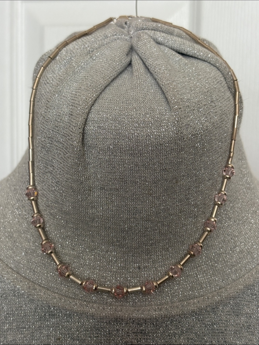 925 Sterling Women's Pink Crystal Bead Necklace with Silver Tubes
